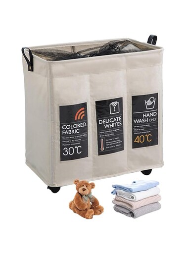 STAYOUNG Large Capacity Laundry Basket - Children's Storage Basket, 3 Compartments Design With Wheels, Suitable For Bathroom, Laundry, Clothes, Toys Or Snacks (Beige)