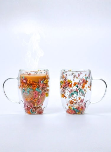 Set of 2 - 350 ML Borosilicate Double Wall Flower Glass Coffee Cups with Handle
