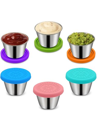 6Pack 2.4oz Small Condiment Containers with Lids, Salad Dressing Container To Go, Stainless Steel Sauce Container with Silicone Lids, Leakproof, Reusable, Small Dipping Sauce Cups with Kids