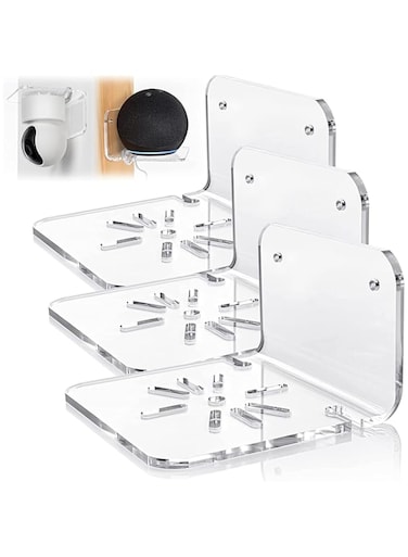 XICEN Acrylic Small Wall Shelf Set of 3 for Security Cameras, Speakers, Baby Monitors &amp; More - 4'' Universal Adhesive Shelf Easy to Install No Drill, with Cable Clips (Clear)