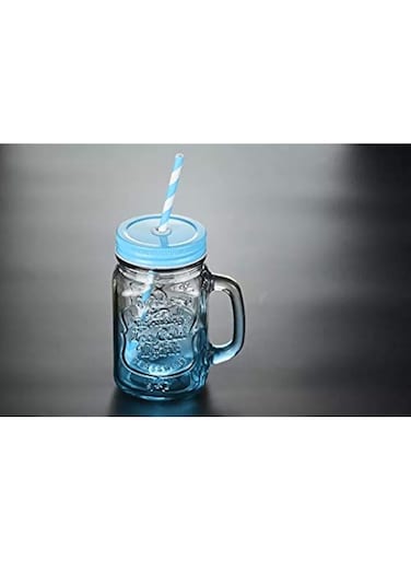 GulfDealz Durable Mojito Quality Refreshing Ice Cold Mason Vintage Design Jar for serving Ice Cold Drinks the Old Fashioned way Jar Juice Glass Bottle with Lid (500 ml), Glass Material - Blue