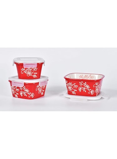temp-tations&reg; Floral Lace Nesting Square Ceramic Containers with Lid - 3 Piece - Red