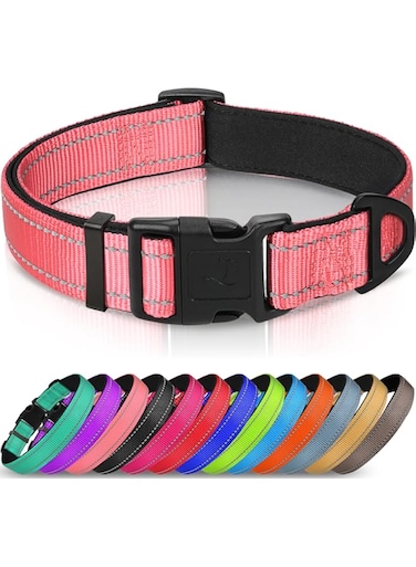 Joytale Dog Collar, Reflective Padded Neoprene Pet Collar, Adjustable Nylon Collars for Large Dogs, L, Pink