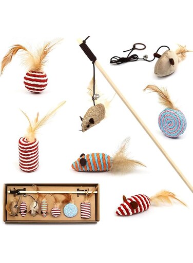 222 7-pcs Cat Feather Toy Set,Cat Toys Interactive,Cat Wand Attachments,Kitten Toys with Feathers ,Cat Wood Rod Mouse Toy