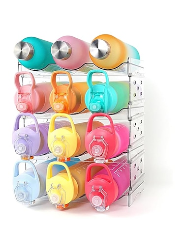 DOOKOO Stackable Water Bottle Organizer for Cabinet, 4 Pack Water Bottle Storage Rack, Kitchen Pantry Organization and Storage Shelf, Fridge Water Bottle Holder for Wine Drink, Tumbler (4)