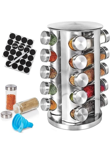 Revolving Spice Rack Organizer with 20 Jars   Stainless Steel Spice Carousel with Labels   for Kitchen Countertop &amp; Cabinet Storage (Silver)