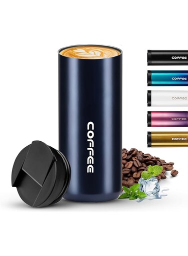 BuyOn Travel Coffee Mug Stainless Steel Double Wall Vacuum Modern Hydro Flask Hot and Cold Coffee Drinks Insulated Tumbler with Leakproof Lid for Home Office Gym Outdoor Works (DEEP BLUE, 500ML)