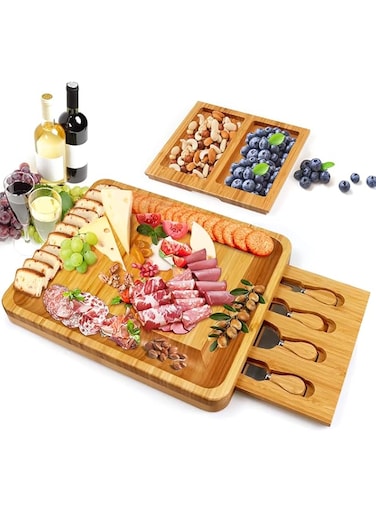 Cheese Board Charcuterie, Bamboo Cheese Tray Set with 4 Pieces Knife Cheese Platter Serving Meat Board Multipurpose Food Serving Tray Appetizer Platter for Anniversary Wedding Gift Party Birthday