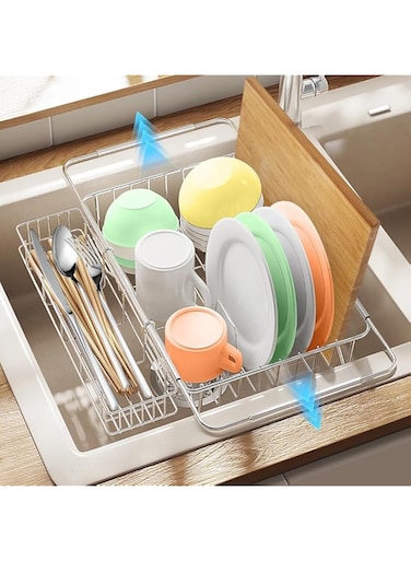HomeChi Dish Drying Rack in Sink, Adjustable Kitchen Counter Stainless Steel Dish Drainers with A Small Drying Rack, Expandable Over The Sink Dish Racks with Utensil Holder for Inside Sink