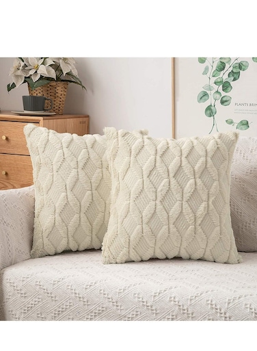 of 2 Boho Farmhouse Throw Pillow Covers, Soft Plush Wool Cases for Couch, Bedroom &amp; Living Room (Beige, 18 x 18 Inch), Cozy Decorative Shells