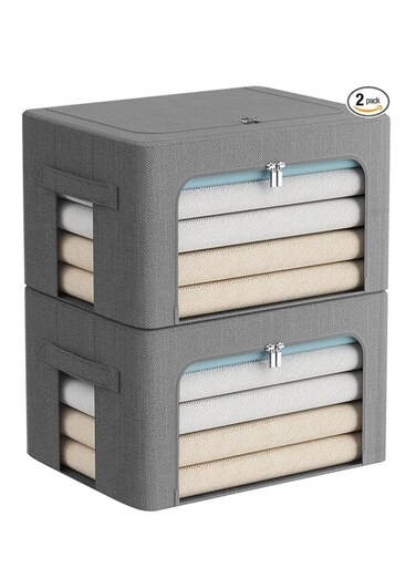 2 Pack Clear Window Storage Bins Foldable Fabric Storage Bins Boxes for Clothes Stackable Box Organizer Set with Carrying Handles (Gray,66L, 50*40*33cm)