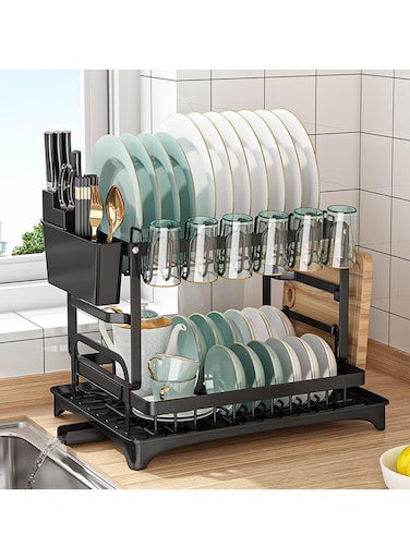 Uptyia Dish Rack,2 Tiers Dish Drying Rack with Drainer Cutting Board Cutlery Holder Dish Drainer for Small Kitchen Counter Space