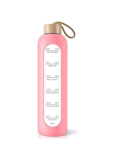 Silk Route - Borosilicate Glass Water Bottle, 32 Oz with Time Marker Reminder Quotes, Leak Proof Reusable BPA Free, Motivational Water Bottle with Silicone Sleeve and Bamboo Lid