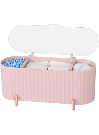 Oasisgalore Plastic Qtip Holder Dispenser,Cotton Ball and Swab Holder with Clear Lid,3 Compartments Bathroom Canisters,Multifunctional Drawer Organizer for Cotton Swab,Ball,Cotton Pad (Pink)