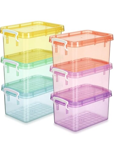 Wenqik 6 Pack 3 Quart Colorful Plastic Storage Bins with Lids Small Storage Latch Box Stackable and Nestable Clear Storage Organizer Bins with Latching Handle and Lids with White Buckle (Colorful)