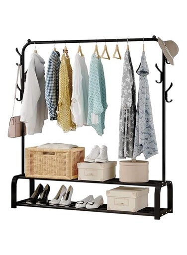 Freestanding Clothes Rack with Shelves and Shoe Storage, Metal, Black