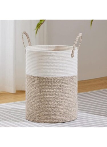 CyanCloud Large Laundry Hamper, Tall Woven Rope Storage Basket for Blanket, Toys, Dirty Clothes in Living Room, Bathroom, Bedroom - 58L White &amp; Brown