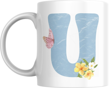 Floral Butterfly Alphabet Coffee Mug, Select Your Alphabet Letter, Gift for Women (U)