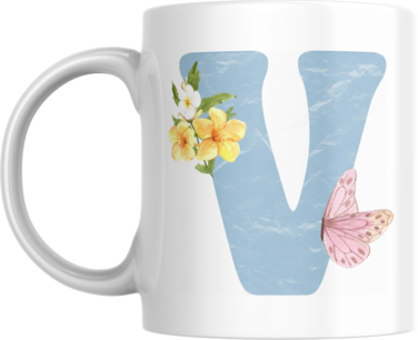 Floral Butterfly Alphabet Coffee Mug, Select Your Alphabet Letter, Gift for Women (V)