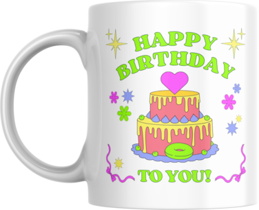 Happy Birthday Coffee Mug, 11oz, Colourful Birthday Cake Design, Gift for Sister, Brother, Friend, Girlfriend, Boyfriend