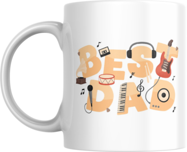 Best Dad Coffee Mug - Musician Gift, White, with Printed Guitar, Piano, Drums, Music