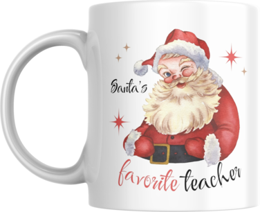 Fun Santa's Favorite Teacher Ceramic Mug, 11oz, Gift for Teacher, Teaching Assistant, Principal, Man, Woman, End of Year, Festive Season, Holiday's, Christmas, Xmas