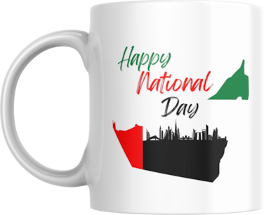 Happy National Day UAE Coffee Mug Featuring UAE Map and Skyline, Gift for Emirati Citizen, Resident, Tourist, Visitor, Teacher, Corporate, Work Colleague, Friend, Family