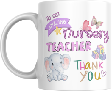 Thank You Nursery Teacher Mug, Elephant with Butterfly and Dice Design by SiestaSafari, Gift for Nursery Teacher, End of Year, Teacher's Day, Teacher's Birthday, Teaching Colleague, Nursery Staff