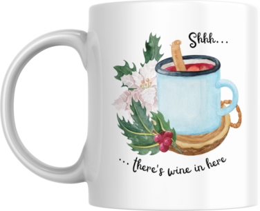 Shhh... There's Wine in Here Funny Christmas Mug, 11oz, White with Winter Floral Illustration, Funny Gift for Christmas, Holidays, Secret Santa, Man, Woman, Friend, Colleague