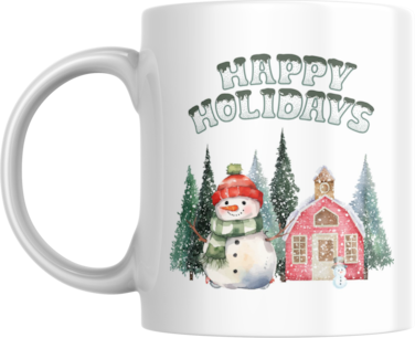 Happy Holidays Ceramic Christmas Mug with Snowman and House Design, 11oz, Gift for Christmas, Winter Holidays, Secret Santa, Man, Woman, Friend, Colleague, Teacher