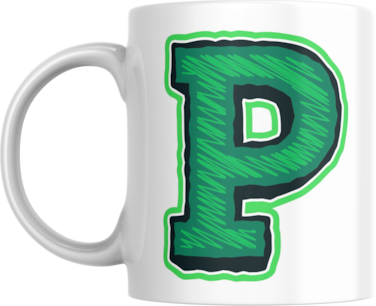 Decorative Letter Coffee Mug With Alphabet Initials Printed on Front Side, 11 oz, Gift for Man or Woman, Colleague, Friend, Sister, Brother, For Birthday, Home, Office (P)