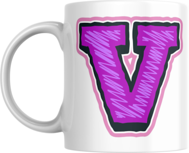 Decorative Letter Coffee Mug With Alphabet Initials Printed on Front Side, 11 oz, Gift for Man or Woman, Colleague, Friend, Sister, Brother, For Birthday, Home, Office (V)