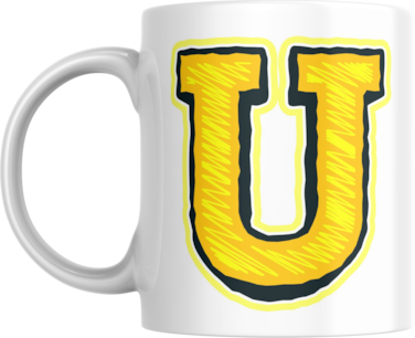 Decorative Letter Coffee Mug With Alphabet Initials Printed on Front Side, 11 oz, Gift for Man or Woman, Colleague, Friend, Sister, Brother, For Birthday, Home, Office (U)