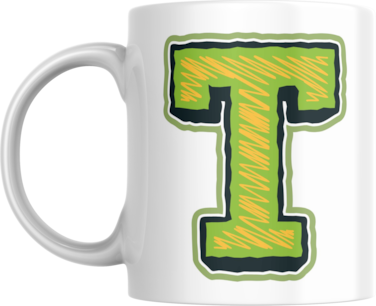 Decorative Letter Coffee Mug With Alphabet Initials Printed on Front Side, 11 oz, Gift for Man or Woman, Colleague, Friend, Sister, Brother, For Birthday, Home, Office (T)