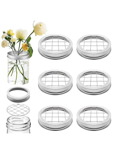 ALMEKAQUZ Flower Mason Jar Insert Lid   Metal Flower Organizer Frog Lid for Regular Mouth Mason Canning Jars (6 Set Rings and Separate Lids)