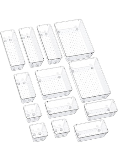13 PCS Clear Plastic Drawer Organizers Set, 5-Size Versatile Bathroom and Vanity Drawer Organizer Trays, Storage Bins for Makeup, Bedroom, Kitchen Gadgets Utensils and Office