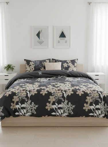 Home Queen Size 6 pieces:1 Duvet cover without filling -( 200*230cm), 1 Flat sheet -( 230*250cm) ,4 Pillow covers - (50*75cm) with Lovely Flower design Iron Color, bedding set.