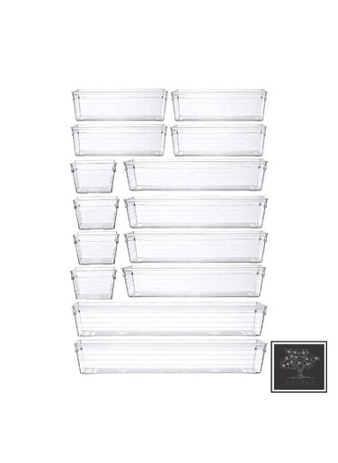 14 Pcs Desk Drawer Organizer Trays 4-Size Bathroom Drawer Dividers Plastic Vanity Organizers Storage Bins for Makeups, Jewelries, Dresser, Kitchen Utensils and Office Supplies (Transparent)