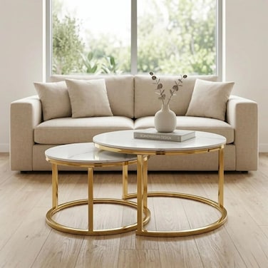 GAIA HOME Ceramic Nesting Coffee Table Set Gold &ndash; 2 Round Marble Look Tables