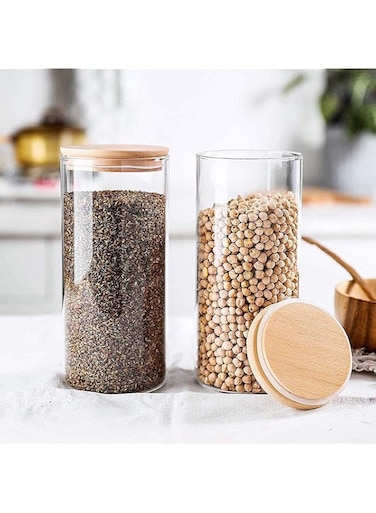 Lushh Borosilicate Glass Food Storage Jars, Air Tight Kitchen Food Storage Container Set with Natural Bamboo Lids for Candy Cookie Rice Sugar Flour Pasta Nuts,1200 ML 2Pcs Set