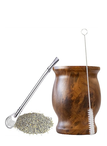 Walled Stainless Steel Yerba Mate Cup - 230ml Insulated Gourd with Bombilla Straw, Stylish Wood Grain Finish for Loose Leaf Tea Lovers