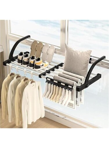 Portable Clothes Hanger Rack, Foldable Wall Mounted Clothes Drying Rack, Retractable Carbon Steel Laundry Drying Rack with Sock Clips, for Laundry &amp; Balcony Railings Windowsill