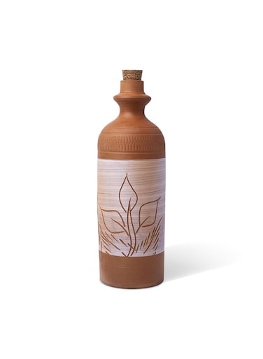 Terracotta Water Bottle Handmade   Mitti Bottle with Cork Stopper   Two-Tone Leaf Art Design   Natural Cooling   Eco-Friendly   800ml