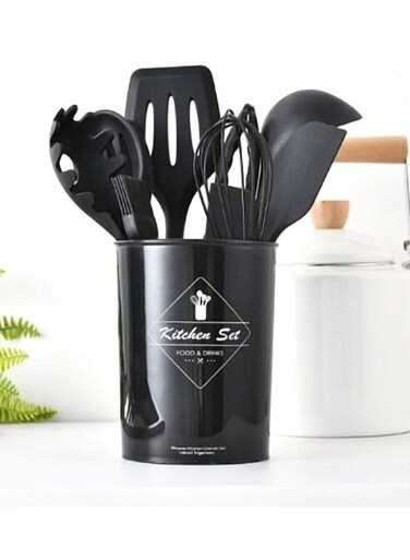Pcs Silicone Kitchen Utensils Set Heat Resistant Cooking Tools for Non Stick Cookware Easy to Clean Kitchen Baking Kit with Holder, Black