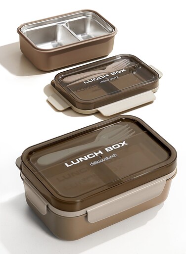 33oz Insulated Lunch Box for Kids &amp; Stainless Steel Bento Box for Adults, Thermal Tiffin box Box with Spoon, Leak-Proof Tableware, Bento Thermos Container for Hot Food, Double Stack, Perfect for Office Workers and Students, Healthy Eating (Brown).