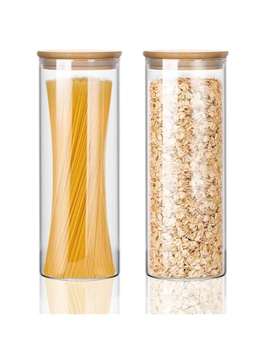 Glass Jars for Food Storage, Airtight Glass Food Canisters for Home and Kitchen, BPA Free Containers with Bamboo Lids for Candy, Rice, Coffee, Tea, Cookie, Sugar, Flour, Pasta, Nuts, 2 Pack 68oz