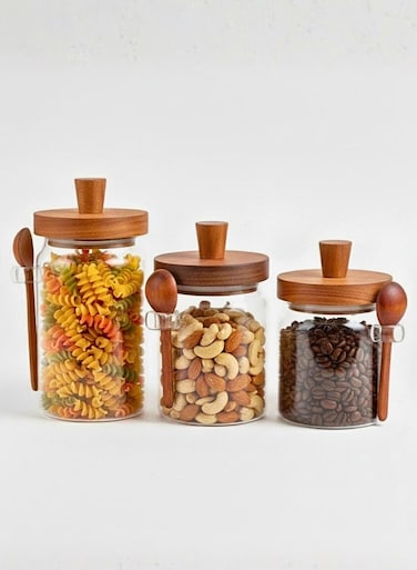 Set of 3- Borosilicate Glass Storage Jar with Acacia Wooden Lid &amp; Spoon, Set Includes 400ml , 600ml , 800mlKitchen Canisters for Coffee, Tea, Sugar, Spices &amp; Dry Foods