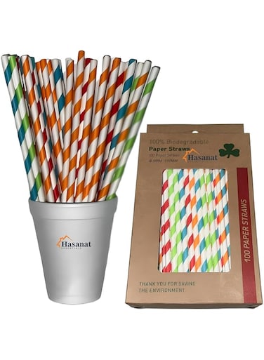 Hasanat Essentials Biodegradable Paper Straws, (Pack Of 100) Compostable Paper Straws, 100% Biodegradable Packaging, Disposable Paper Straws, Recyclable Paper Straws Birthday Party Straws