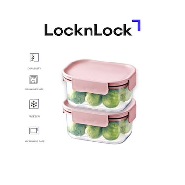 LocknLock Classic Plus Rectangle Food Container 385ml (PACK of 2) &ndash; Pink, Airtight Leakproof, BPA-Free, Microwave &amp; Freezer Safe