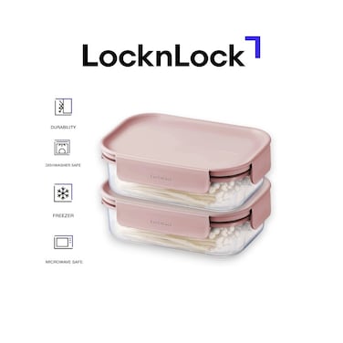 LocknLock Classic Plus Rectangle Food Container 910ml (PACK of 2) &ndash; Pink, Airtight Leakproof, BPA-Free, Microwave &amp; Freezer Safe